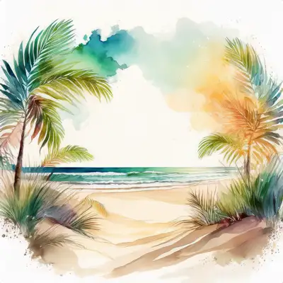 Tropical beach with waves and palm trees with copy space