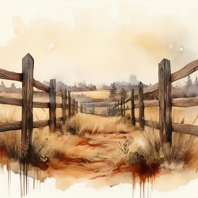 A dirt path winds through a grassy field, bordered by a weathered wooden fence with dark brown posts and horizontal planks with copy space
