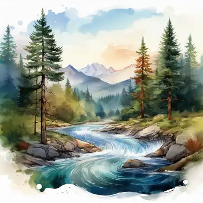 A serene watercolor painting depicts a meandering river flowing through a mountain valley at sunset, surrounded by lush evergreens and rocky banks