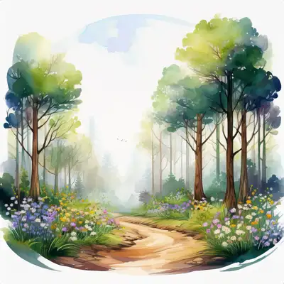 A watercolor painting depicts a pathway winding through a lush forest.