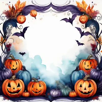 Halloween-themed illustration featuring smiling jack-o'-lanterns, friendly ghosts, and bats with copy space.