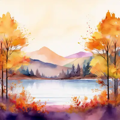 A serene watercolor painting depicts a tranquil autumnal lake scene nestled amidst colorful foliage and mountains, viewed from behind a rustic wooden fence with copy space