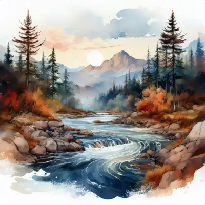 A serene watercolor painting depicts a meandering river flowing through a mountain valley at sunset, surrounded by lush evergreens and rocky banks