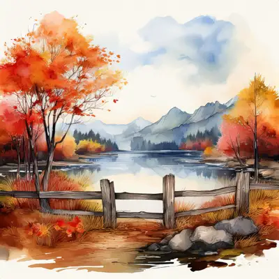 A serene watercolor painting depicts a tranquil autumnal lake scene nestled amidst colorful foliage and mountains, viewed from behind a rustic wooden fence with copy space
