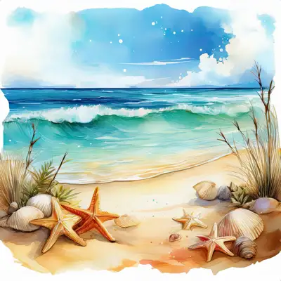 Tropical beach with waves, star fish and sea shells with copy space