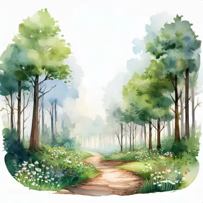 A watercolor painting depicts a pathway winding through a lush forest.