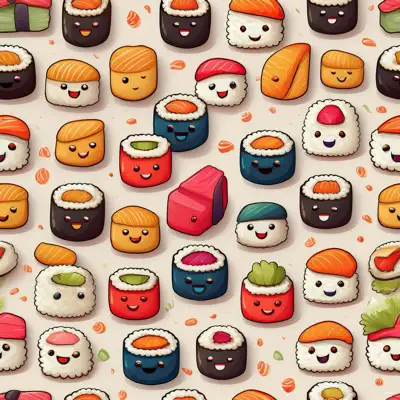 A background of various cute smiling sushi rolls