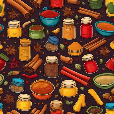 A collage of spices in various containers as a seamless tile
