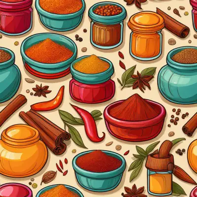 A collage of spices in various containers as a seamless tile