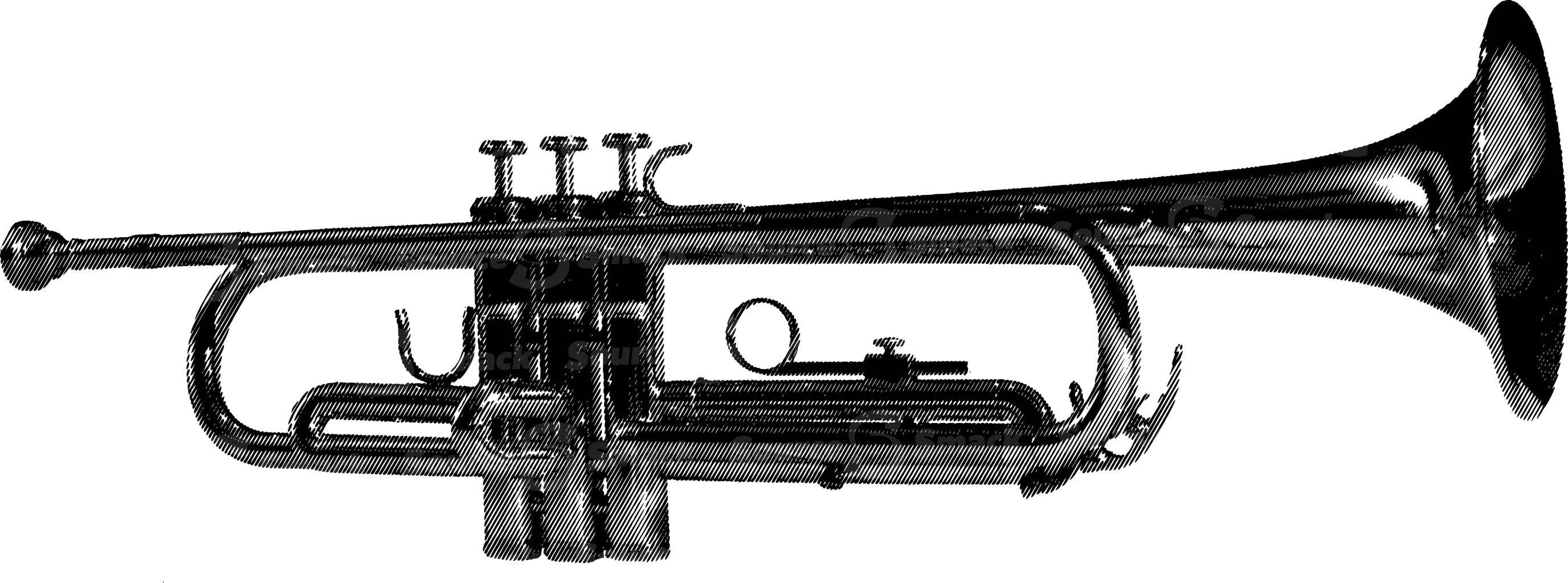 A halftone line rendering of a trumpet