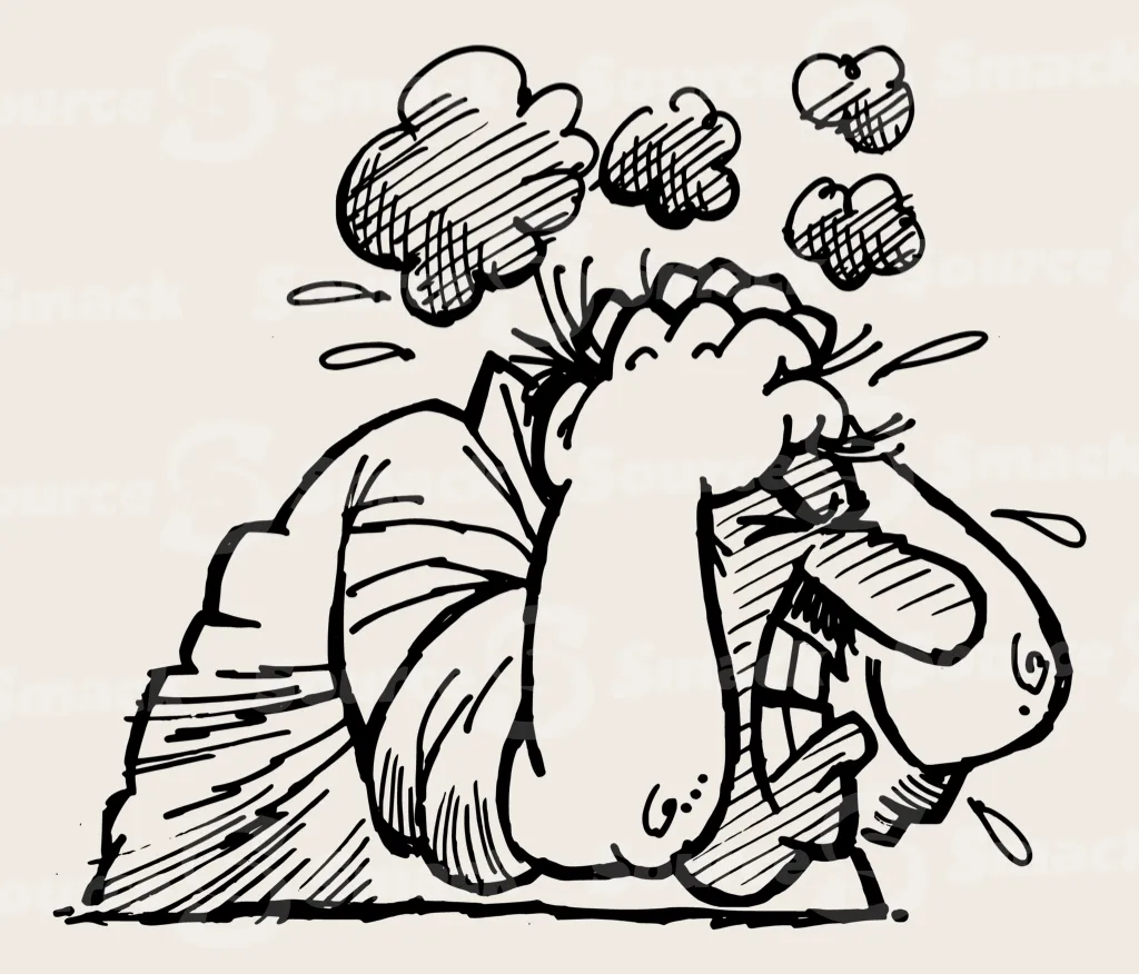 Cartoon of an angry steamed worker clutching head