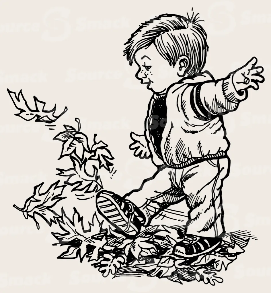 Young kid kicking fall leaves