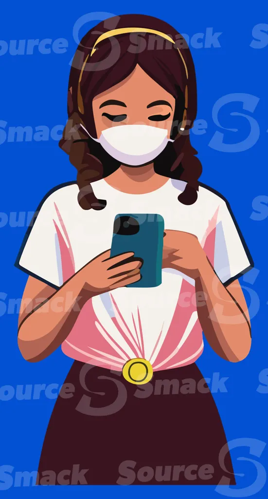 A young ethnic teen looking at her phone wearing a mask
