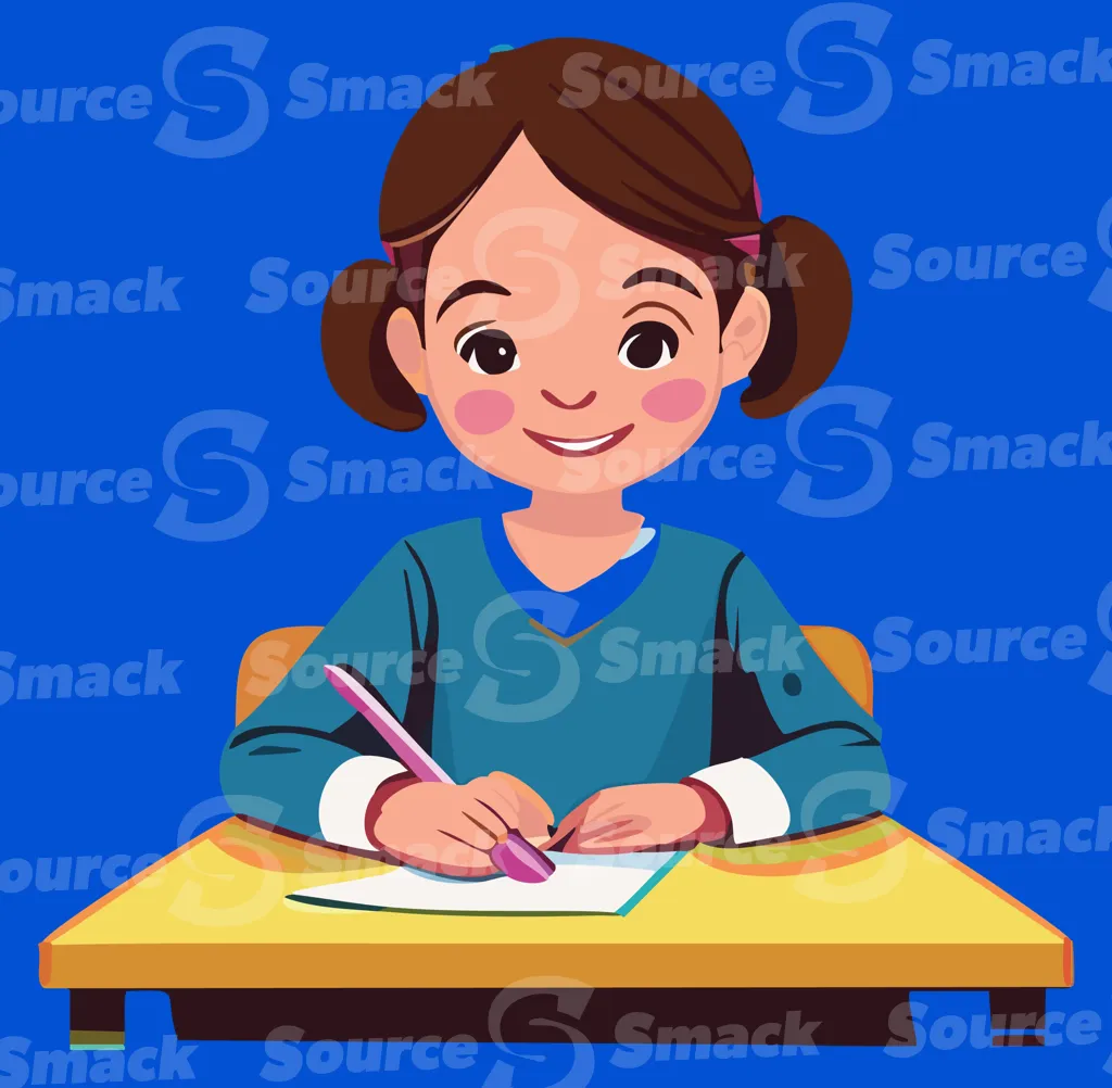 A young smiling girl writing on paper on a school desk