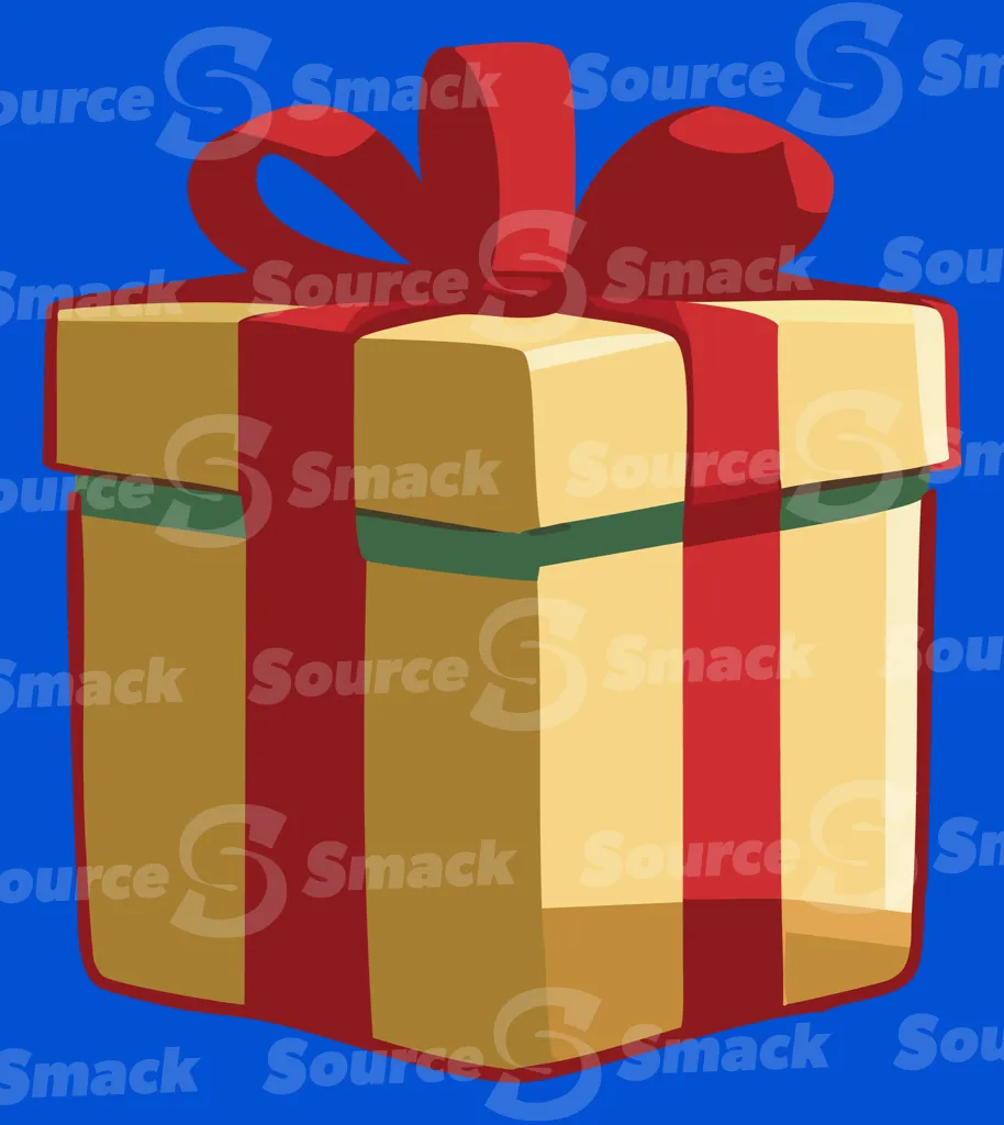 A wrapped festive gift box with a ribbon tied