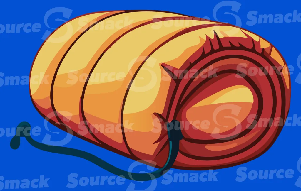 A rolled up camping sleeping bag