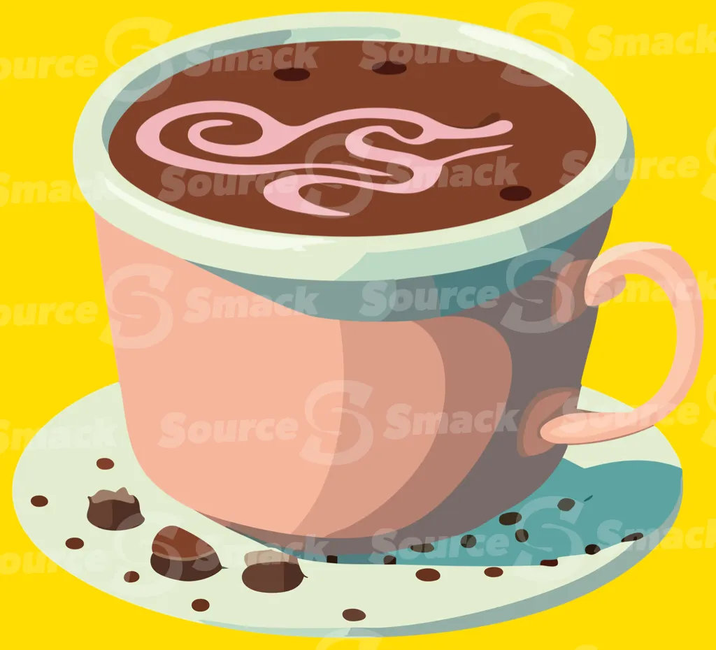 A cup of hot chocolate on a saucer with chocolate crumbs