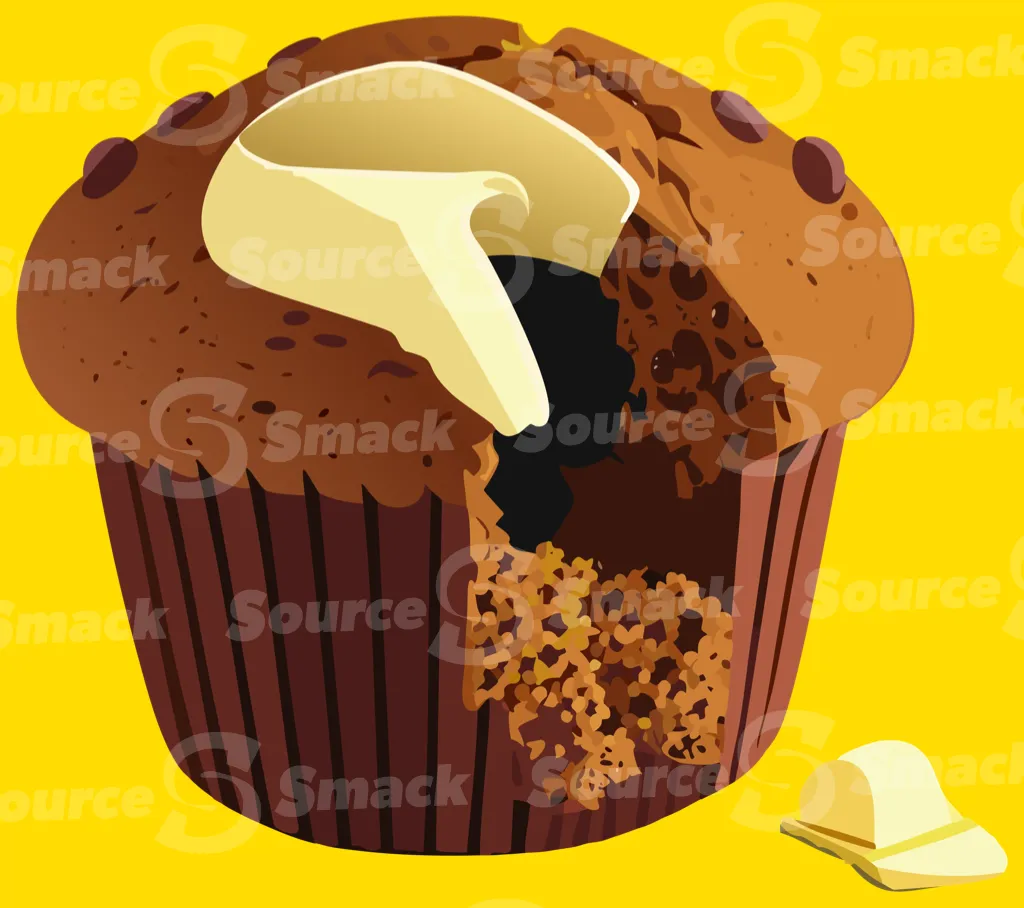 A bran muffin with a bite taken out of it with melted butter