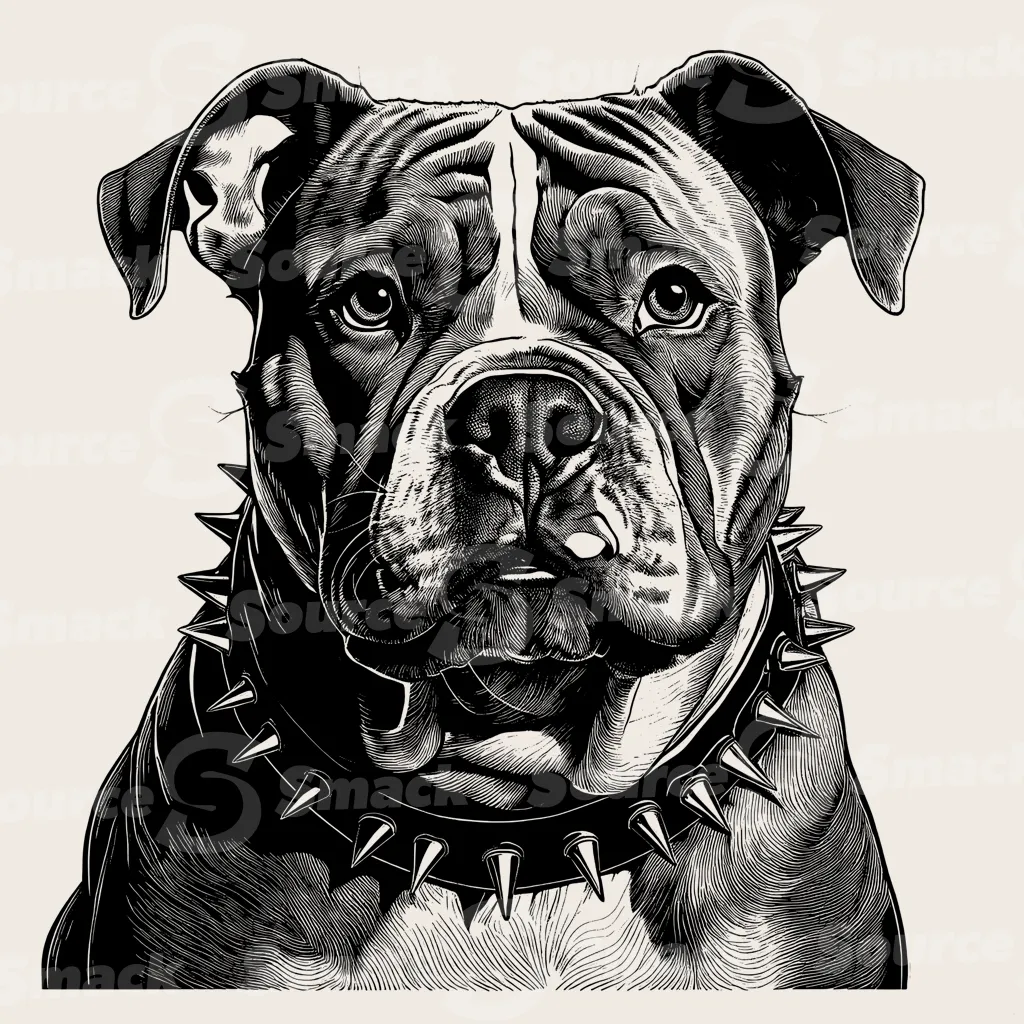 Head shot of a bulldog with a collar.