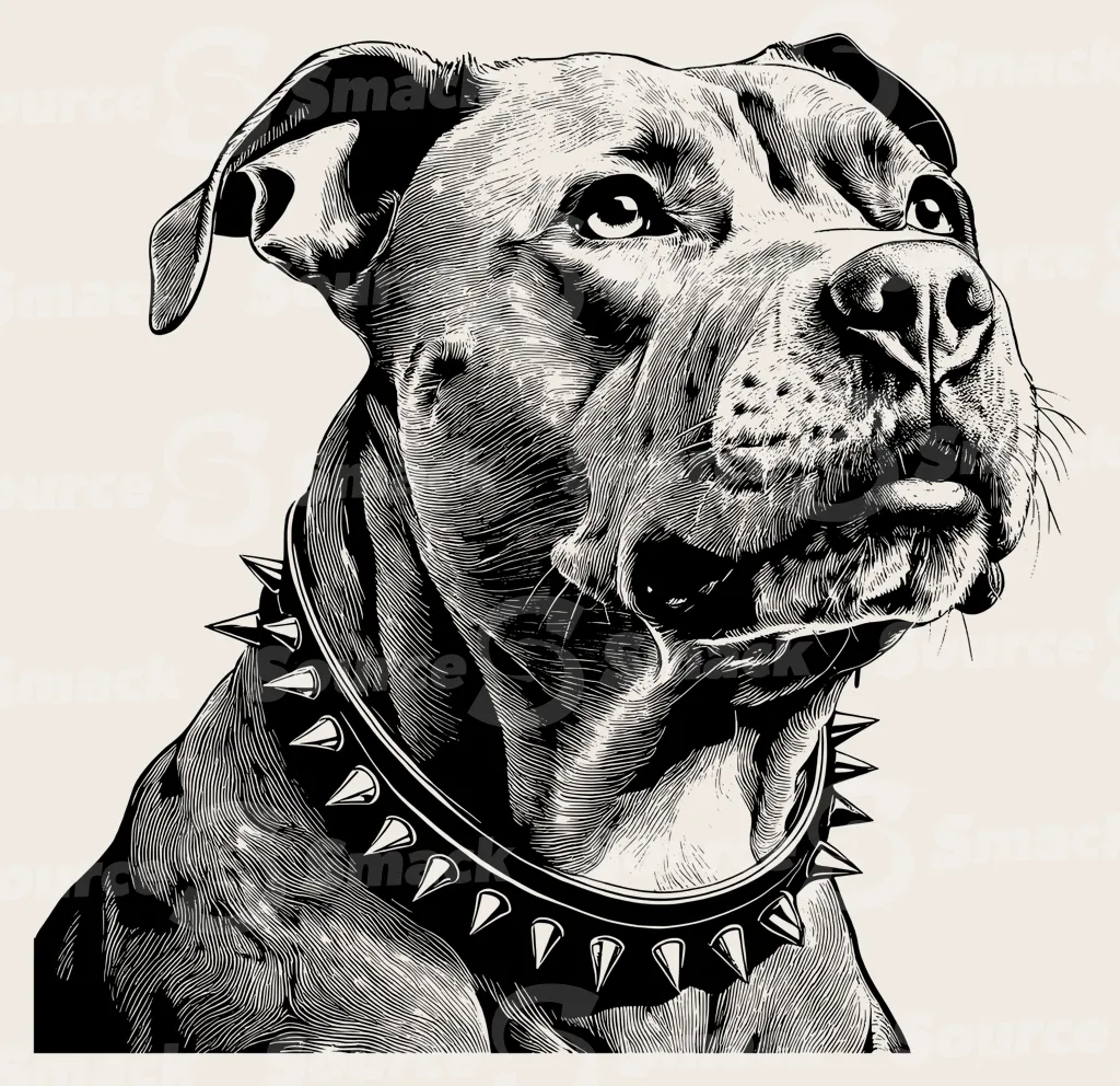 Head shot of a bulldog with a collar.