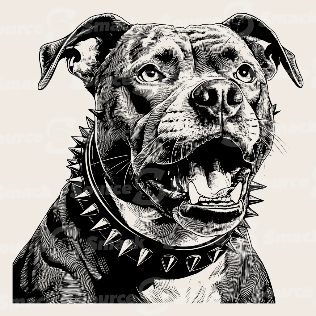 Head shot of a bulldog with a collar.