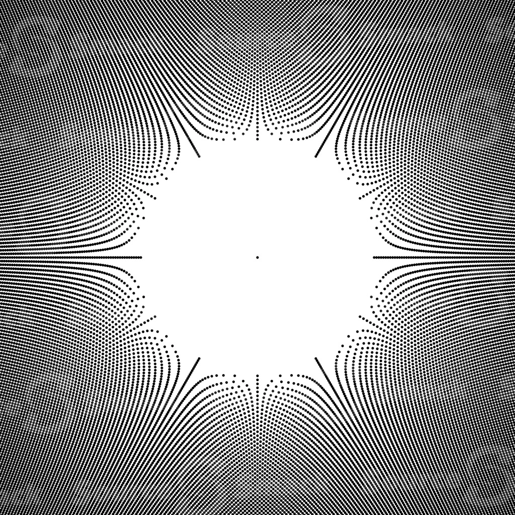A split distorted circle halftone effect