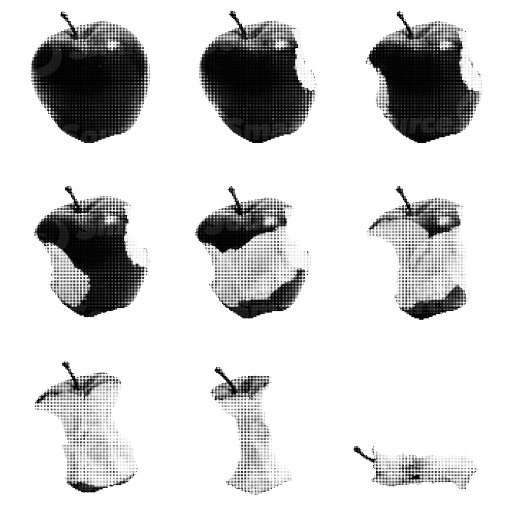 A halftone of series of images of an apple be eaten in stages