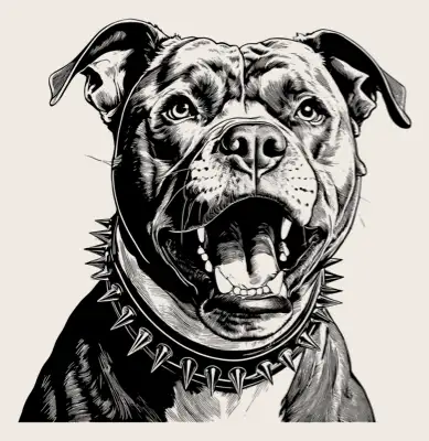 Head shot of a bulldog with a collar.